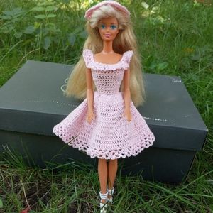 Hand Crocheted Pink Barbie Doll Dress and Hat